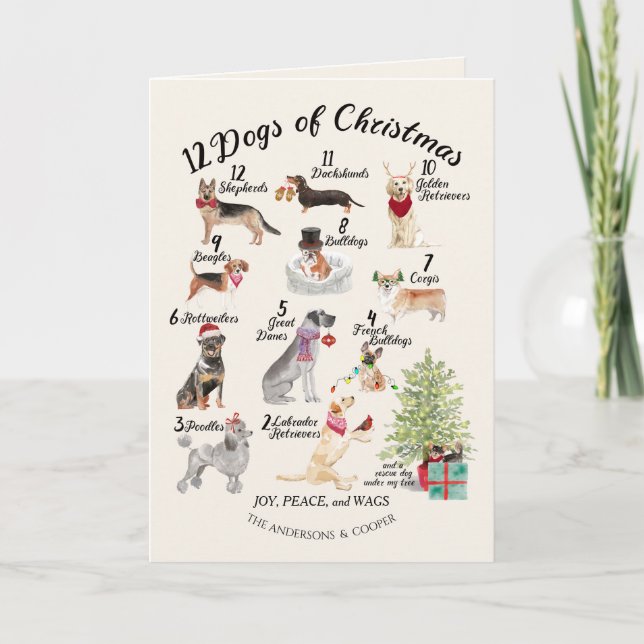 Carte 12 Chiens de Noël en Vacances Esprit Casquette Bow (Devant)