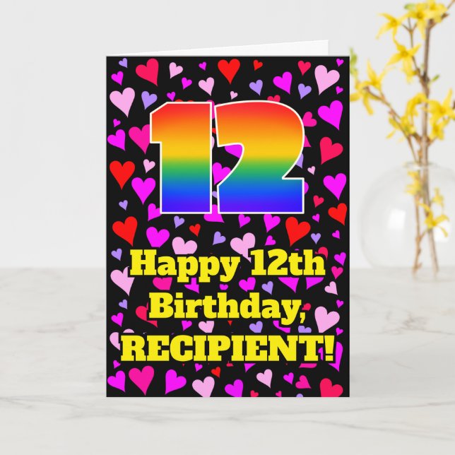 Carte 12e anniversaire : Amour Hearts Motif, Arc-en-ciel (Fleur jaune)