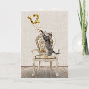 Carte 12e anniversaire Ballons et Tabby Cat