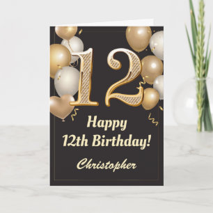 Carte 12e anniversaire Ballons Noir et Or Confetti