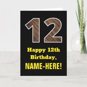 Carte 12e anniversaire : Nom, Motif Faux Wood Grain "12"
