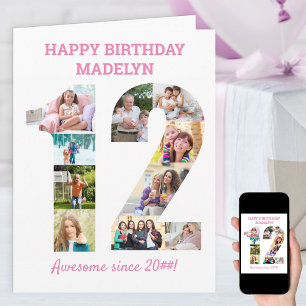 Carte 12e anniversaire Numéro 12 Pink Photo Collage Card