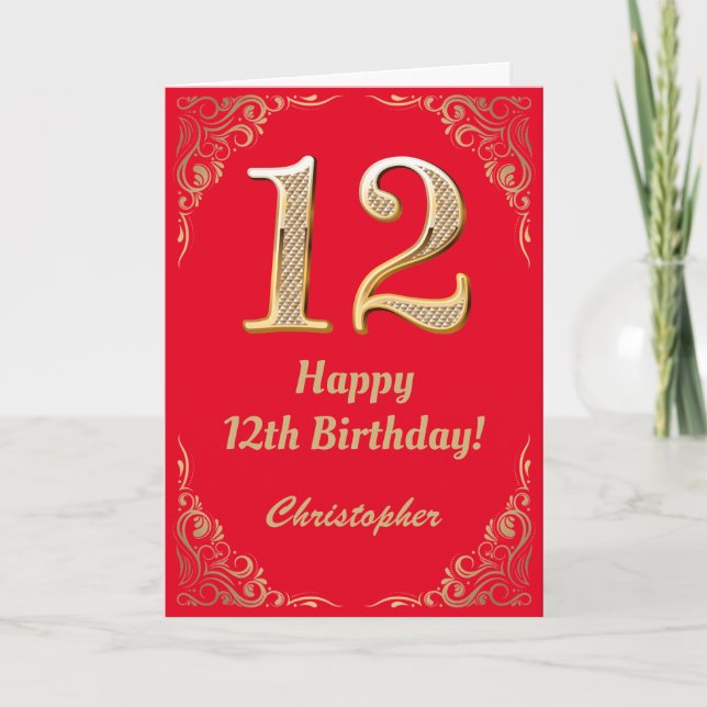 Carte 12e anniversaire Parties scintillant rouge et or (Devant)