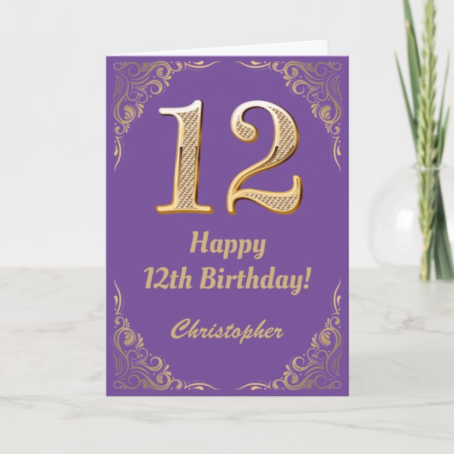Carte 12e anniversaire Parties scintillant violet et or  (Devant)