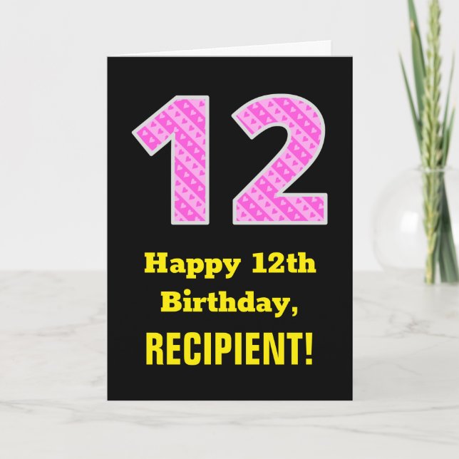 Carte 12e anniversaire : Pink Stripes and Hearts "12" +  (Devant)