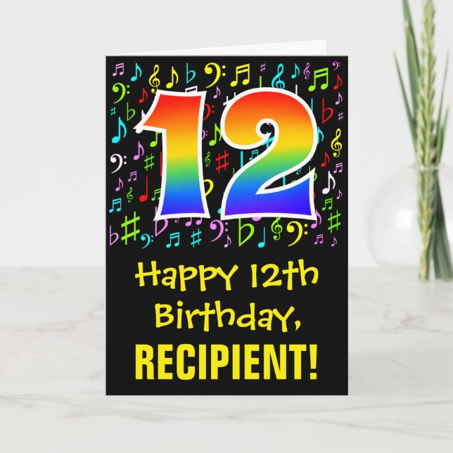 Carte 12e anniversaire : Symboles de musique colorée + A (Devant)