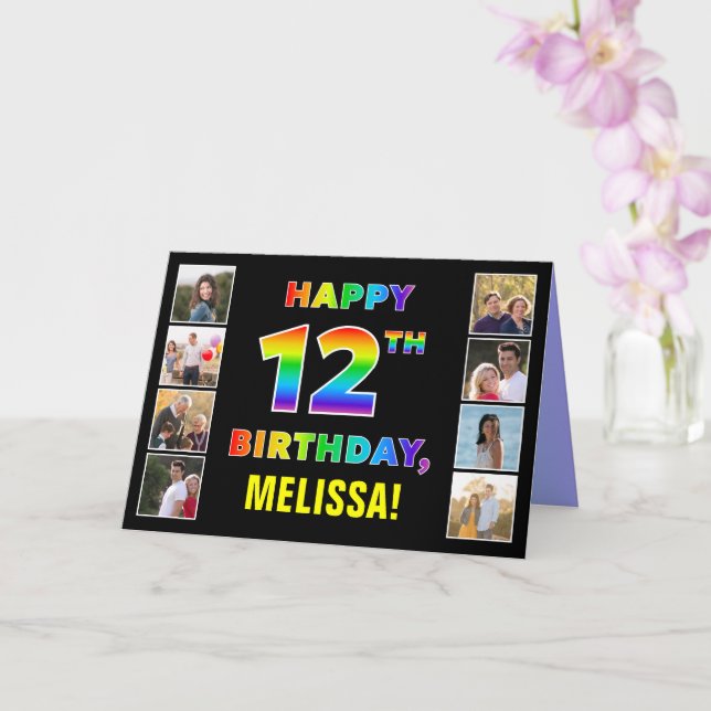 Carte 12e anniversaire : texte arc-en-ciel, photos perso (Orchidée)