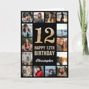 Carte 12e Joyeux Anniversaire Black and Gold Photo Colla