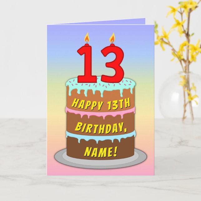 Carte 13e anniversaire — Fun Cake & Candles, avec nom pe (Fleur jaune)