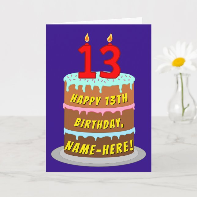 Carte 13e anniversaire : Gâteau et bougies amusants + No (Petite plante)