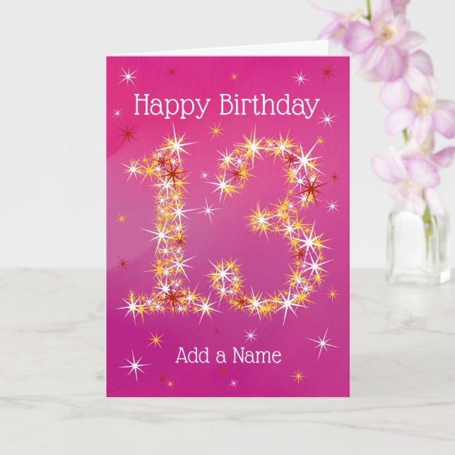 Carte 13e anniversaire - Numéro 13 en étoiles - Rose - A (Orchidée)