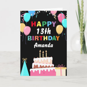 Carte 13e Joyeux anniversaire Ballons colorés Gâteau noi