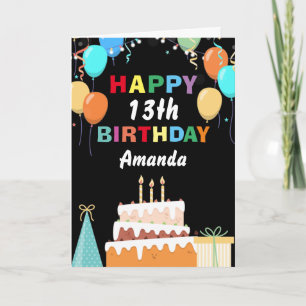 Carte 13e Joyeux anniversaire Ballons colorés Gâteau noi