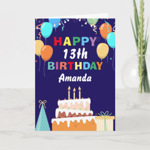 Carte 13e Joyeux Anniversaire Ballons gâteau bleu marine