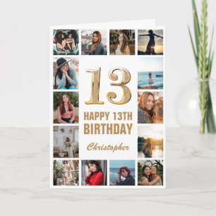Carte 13e Joyeux Anniversaire Collage photo d'or et blan