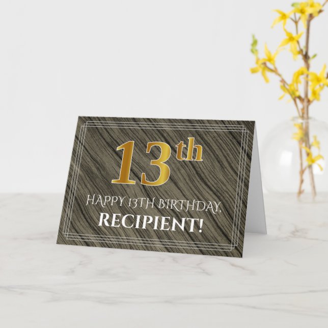 Carte 13ème anniversaire élégant : Faux Wood, Faux Gold  (Fleur jaune)