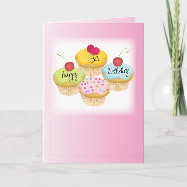 Carte 13ème anniversaire pour fille, Cupcakes on Pink (Devant)