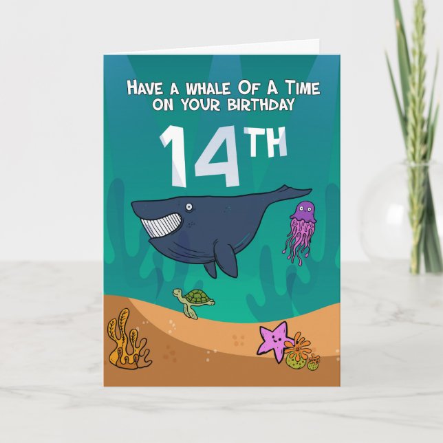 Carte 14e anniversaire, Baleines Starfish et tortue, Car (Devant)