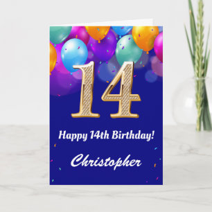 Carte 14e anniversaire Ballons bleu et or couleur marine