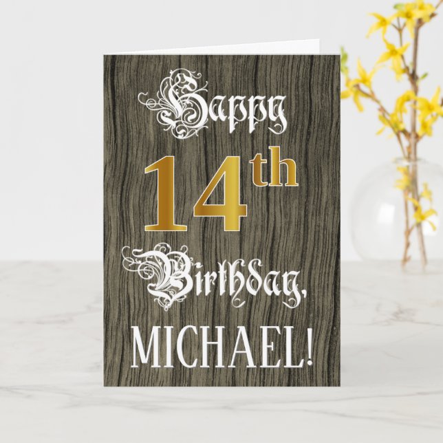 Carte 14e anniversaire : Faux Gold Look + Faux Wood Moti (Fleur jaune)