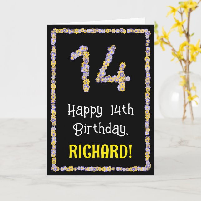 Carte 14e anniversaire : Floral Flowers Numéro, Nom pers (Fleur jaune)