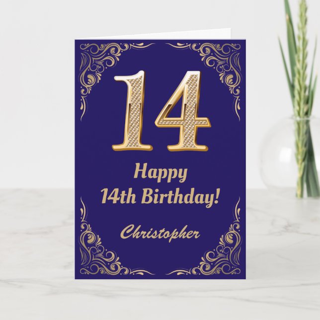 Carte 14e anniversaire Marine Blue and Gold Parties scin (Devant)
