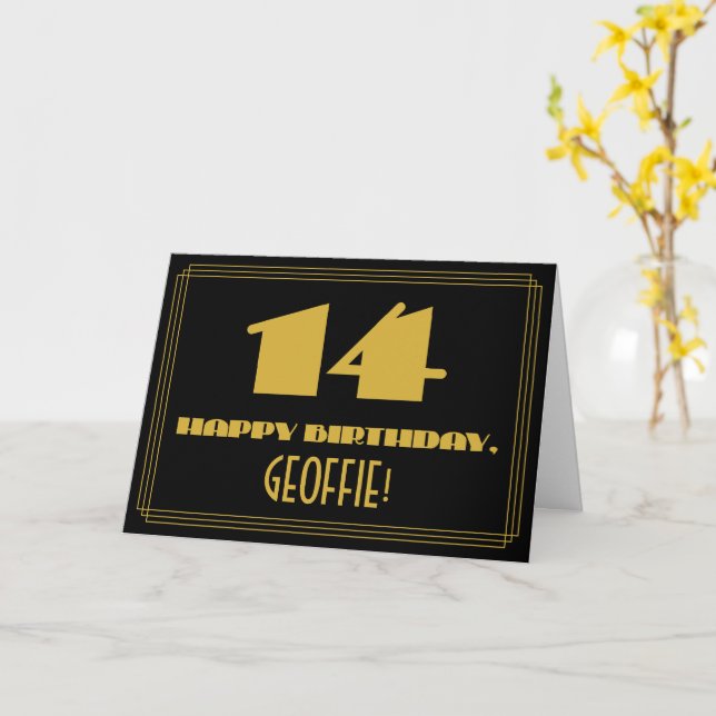 Carte 14e anniversaire : Nom + Art Déco Inspiré Look "14 (Fleur jaune)