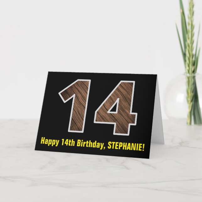 Carte 14e anniversaire : Nom + Motif imitation bois "14" (Devant)