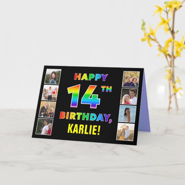 Carte 14e anniversaire : Rainbow Text, Custom Photos & N (Fleur jaune)