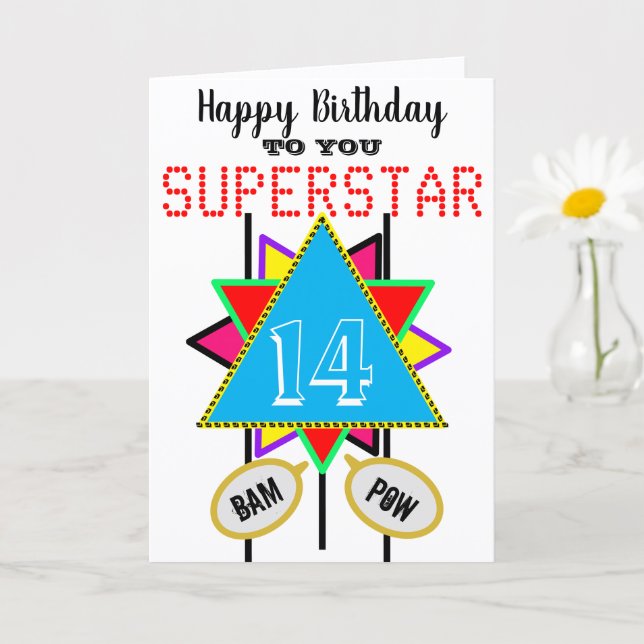 Carte 14e Anniversaire Superstar Bleu TOUT ÂGE (Petite plante)