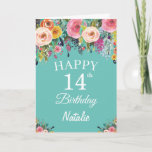 Carte 14e Birthday Watercolor Floral Flowers Teal<br><div class="desc">14th Birthday Watercolor Floral Flowers Teal Card with personalized name and age. For further customization,  please click the "Customize it" button and use our design tool to modify this template.</div>
