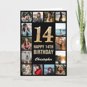 Carte 14e Joyeux Anniversaire Black and Gold Photo Colla