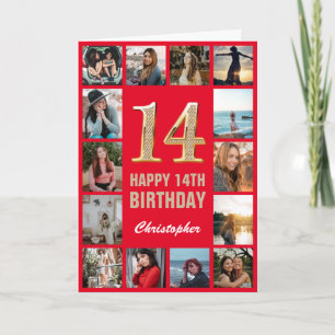 Carte 14e Joyeux Anniversaire Collage photo rouge et or