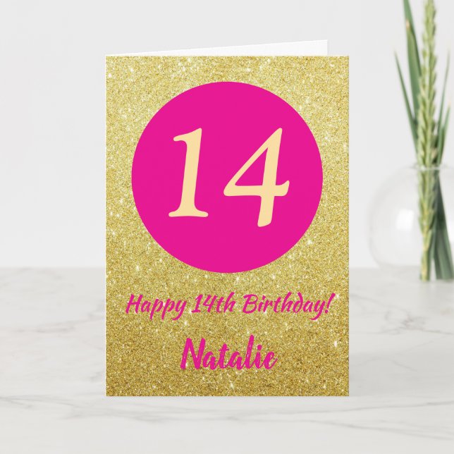 Carte 14e Joyeux anniversaire Hot rose et Parties scinti (Devant)