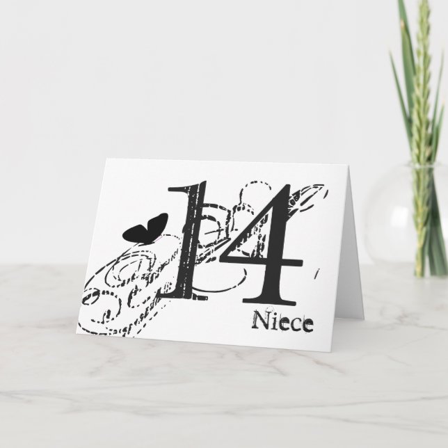 Carte 14ème anniversaire pour une nièce, papillon noir, (Devant)
