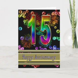 Carte 15e anniversaire avec feux d'artifice et bulles