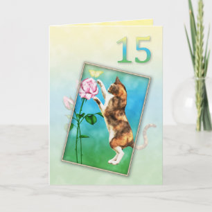 Carte 15e anniversaire avec un chat ludique