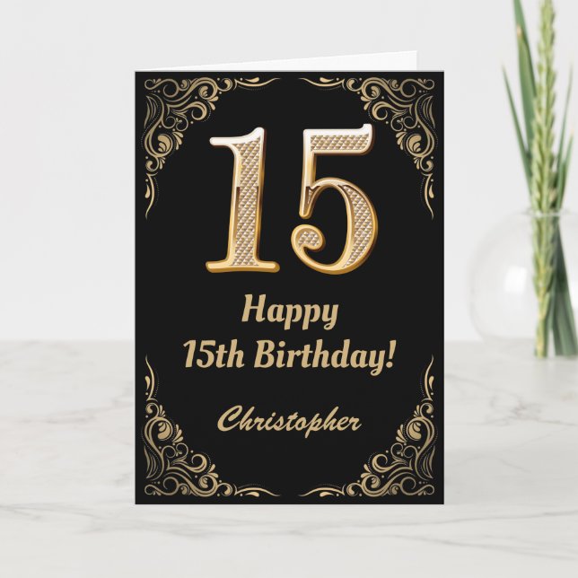 Carte 15e anniversaire Black and Gold Parties scintillan (Devant)
