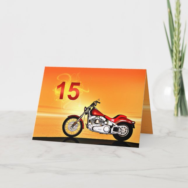 Carte 15e anniversaire Coucher de soleil de moto (Devant)