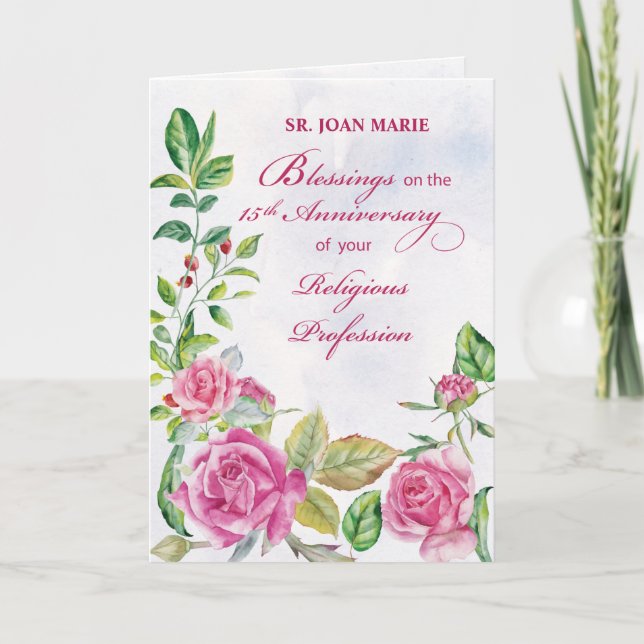 Carte 15e anniversaire de la profession religieuse rose (Devant)