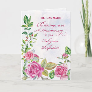 Carte 15e anniversaire de la profession religieuse rose