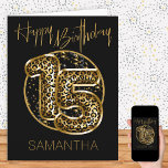 Carte 15e anniversaire Empreinte de léopard Gold Foil Ba<br><div class="desc">Carte de 15e anniversaire personnalisée avec ballons en papier poster de animal en noir et or. Les ballons empreintes de léopard branchés sont encadrés de confettis noir et or et Happy Birthday est écrit à la main en or. Le modèle est prêt à personnaliser l'avant de la carte et à...</div>