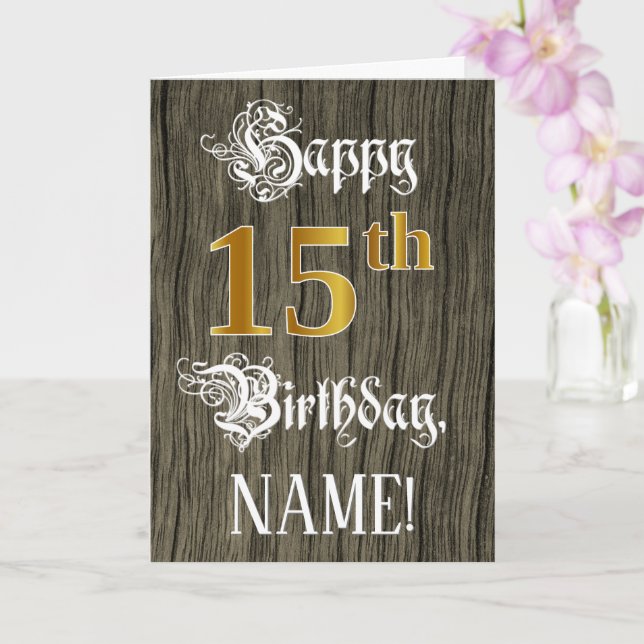 Carte 15e anniversaire : Faux Gold Look + Faux Wood Moti (Orchidée)