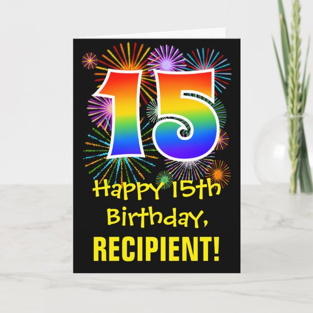 Carte 15e anniversaire : Fun Motif feux d'artifice + Arc (Devant)