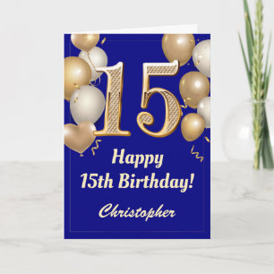 Carte 15e anniversaire Marine Bleu et Ballons d'or Confe