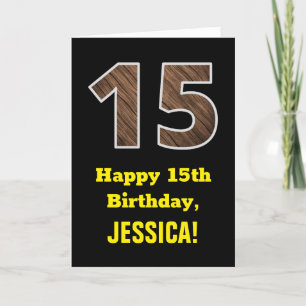 Carte 15e anniversaire : Nom, Motif Faux Wood Grain "15"