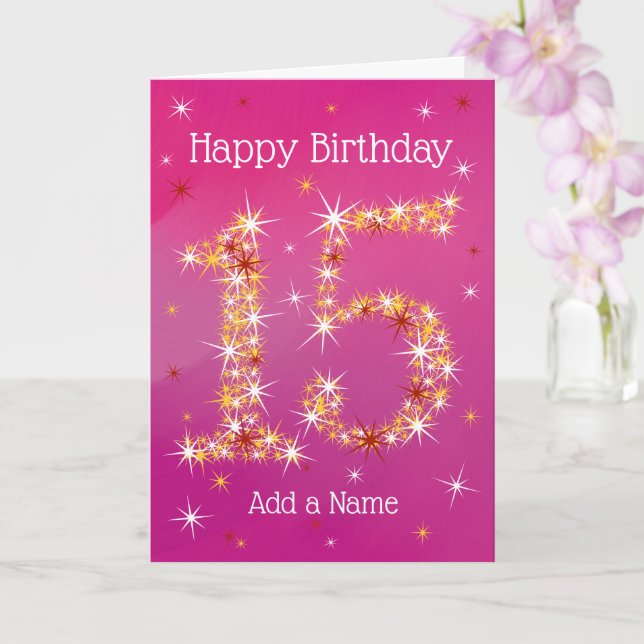 Carte 15e anniversaire - Numéro 15 en étoiles - Rose - â (Orchidée)
