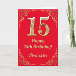 Carte 15e anniversaire Parties scintillant rouge et or
