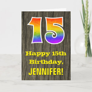 Carte 15e anniversaire : Rustic Faux Wood Look, Arc-en-c