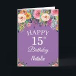 Carte 15e Birthday Watercolor Floral Flowers Purple<br><div class="desc">15e Birthday Watercolor Floral Flowers Purple Card with personalized name and age. For further customization,  please click the "Customize it" button and use our design tool to modify this template.</div>
